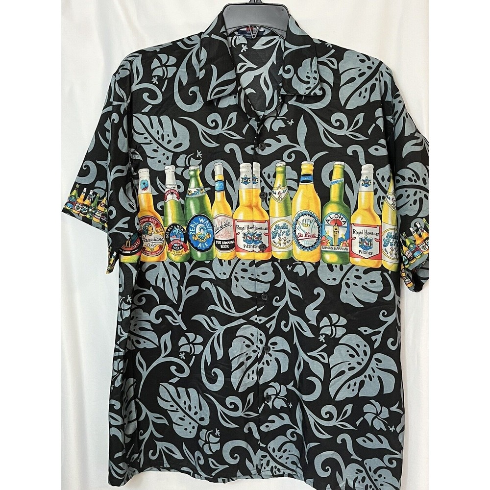 Scorpio USA Tropical Print /Hawaiian Beer Bottles Camp Shirt Black Size XL